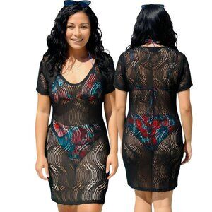 Alexa & Stella Black Crochet Mesh Swim Cover-Up Dress L